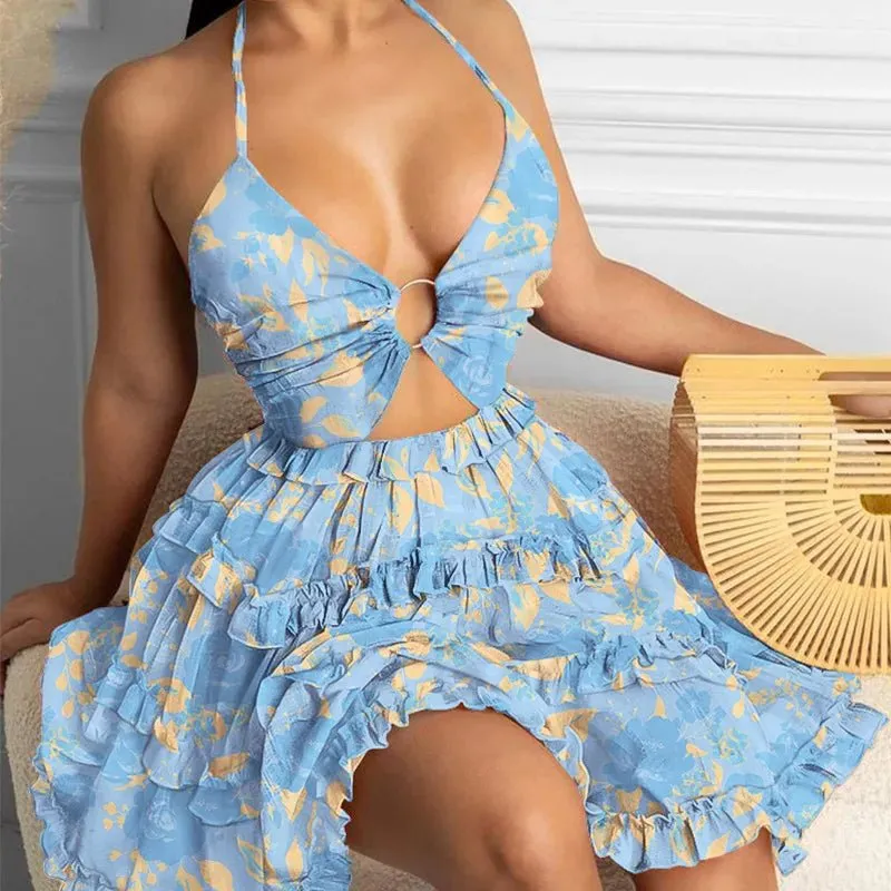 Summer Boho Halter Neck Backless Ruffle Swing Beach Dress for Women