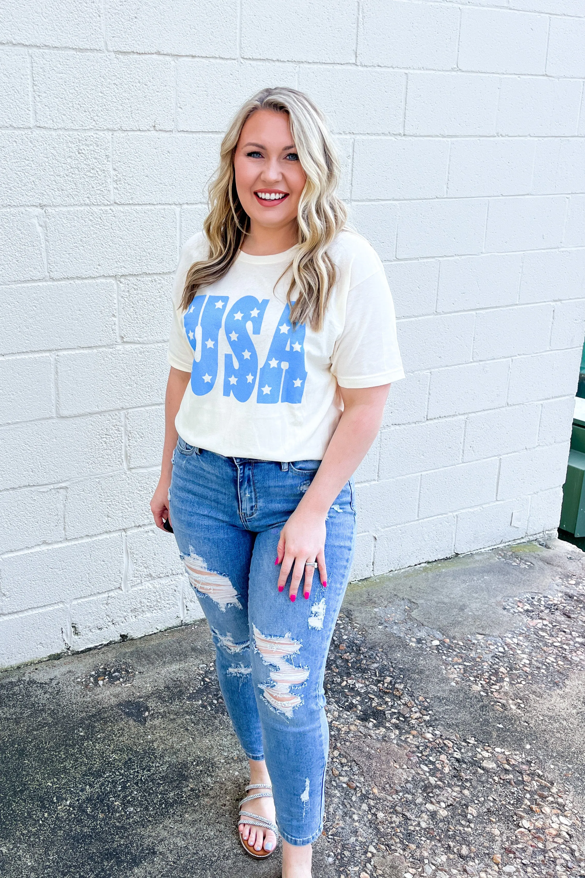 USA Star Blue Graphic Tee, Cream