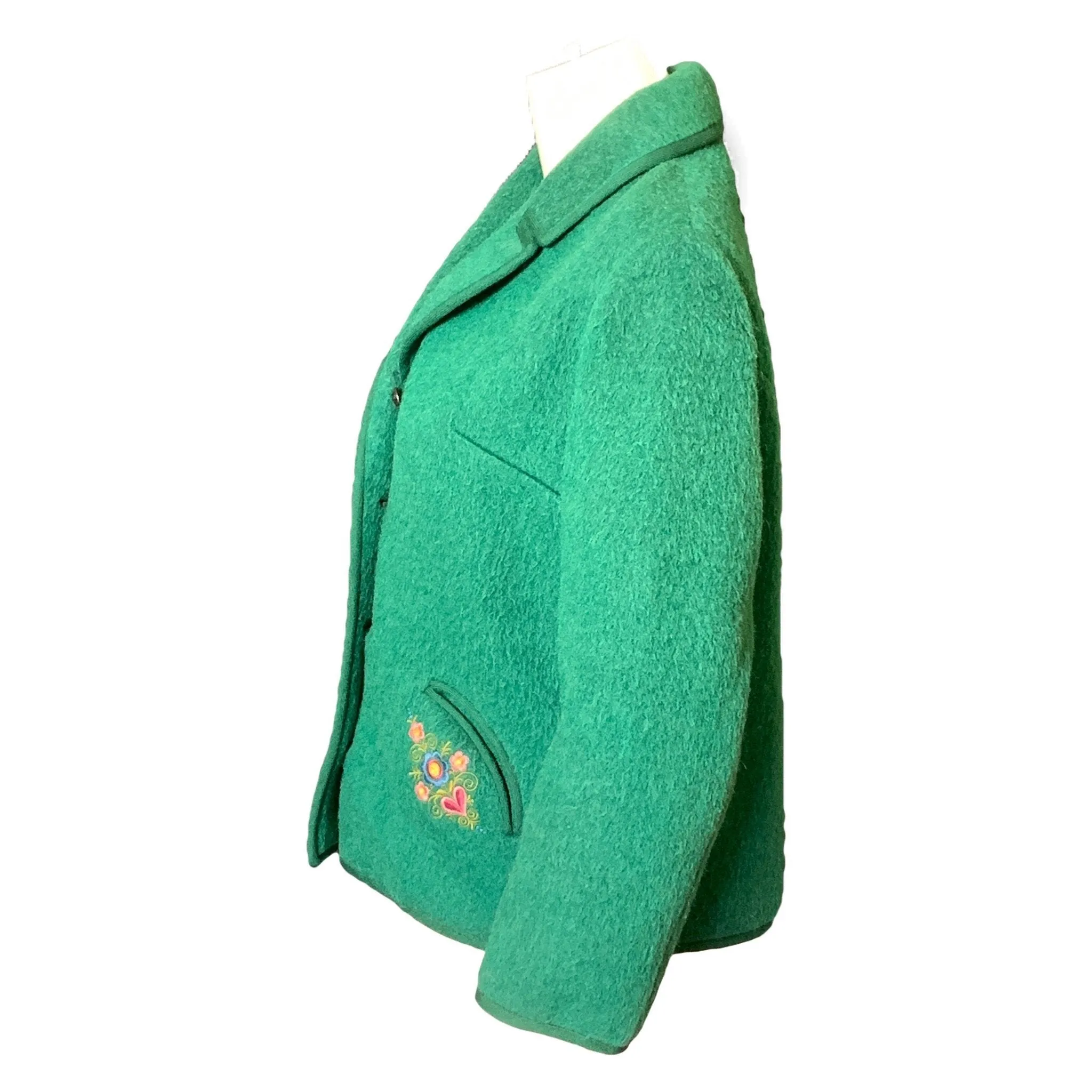 Vintage Green Wool Jacket with Embroidered Flowers from Germany. Waterproof Wool Perfect for Spring!